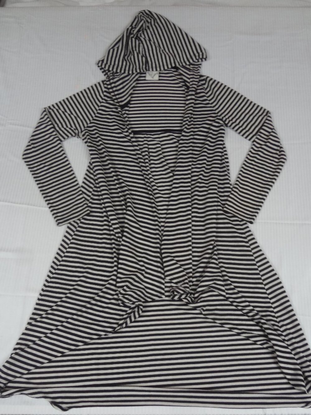 JANET CHUNG BLACK WHITE STRIPE LONG HOODED CARDIGAN SWEATER HIGH LOW MEDIUM M118